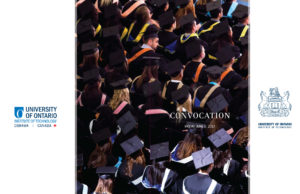 The program cover spread. The main image is of graduates standing after receiving their degrees, wearing multi-coloured hoods to represent their faculties.