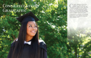 An introductory 2 page spread, featuring a large portrait of a happy female student outside, looking up and to the right. She is wearing a ceremonial cap, gown, and hood.