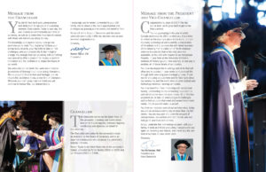A 2 page program spread, with messages from the university's chancellor and president. The text is accompanied by images of them during the ceremony, wearing their ceremonial regalia.