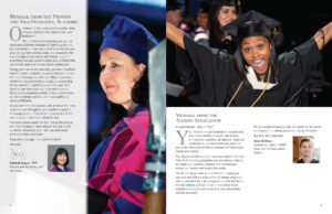 A 2-page program spread with messages from the university's provost, and the alumni association. A portrait of the provost is on the left hand page, and an image of a happy student celebrating her graduation is on the right.