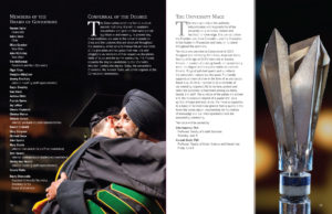 A 2 page program spread. The image on the left is of a student hugging the Dean of Engineering. There is an image of the university's ceremonial mace on the right.