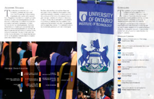 A 2 page program spread, with a close up image of multi-coloured ceremonial hoods draped over students' arms on the left, and an image of the university's ceremonial banner, or gonfalon, on the right.