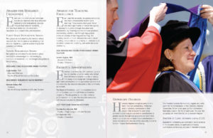 A 2 page program spread, with text detailing various awards to be presented at the ceremony, and a large image of a woman being awarded an honorary degree on the right.