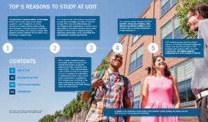 A two-page spread from a university viewbook. Text detailing the top 5 reasons to study at UOIT is overlaid on a picture of two students smiling and talking to a professor in front of a red brick university building.