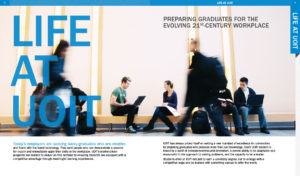 A two-page spread from a university viewbook, introducing a section detailing "Life at UOIT". A large image shows students talking and studying in a busy common area of campus.