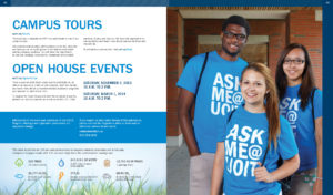 A two-page spread from a university viewbook, with details of campus tours. A full page image on the right-hand page features a diverse group of three students in bright blue campus tour guide t-shirts.