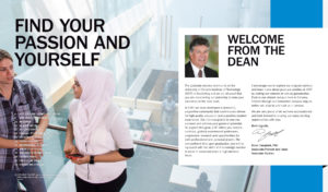 An introductory two-page spread from a Graduate Studies viewbook, featuring a welcome letter from the Dean, and a large background image of students talking in a modern campus building setting.