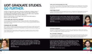 A two page spread from a Graduate Studies viewbook for UOIT, featuring three graduate student testimonials with accompanying portraits of the students.