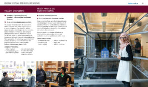 A two-age spread from the 2017-2018 undergraduate viewbook for the Faculty of Energy Systems and Nuclear Science. Images on the left-hand page feature students in lab settings, and a full-page image on the right is of a female student in a hijab, standing in front of a wind-tunnel experiment to test wind-turbine blades.