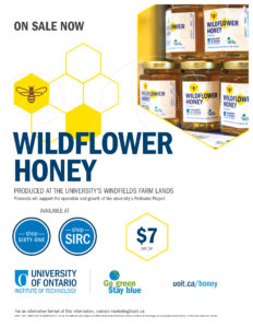 A retail poster for wildflower honey, harvested from beehives on the university's grounds.
