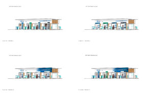 An image of four proposed designs mock-ups of the graphics for the new UOIT booth.