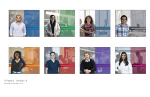 Designs for eight graphic panels for the new UOIT booth, featuring large student portraits