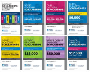 A composite image of a range of posters to promote graduate studies scholarship opportunities.