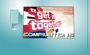 A graphic wall panel with an original design to promote the Compilations section in Tower Records Glasgow, with the words "Get it together" in a 3D-effect typeface.