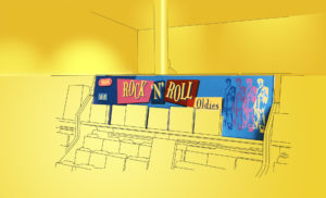 CD rack signage for Tower Records Glasgow's "Rock 'n' Roll" section, featuring Warhol-like repeated images of Elvis Presley.