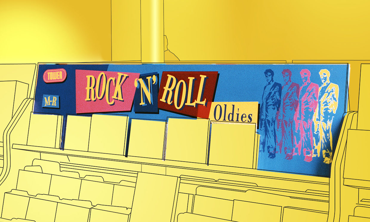 CD rack signage for Tower Records Glasgow's "Rock 'n' Roll" section, featuring Warhol-like repeated images of Elvis Presley.