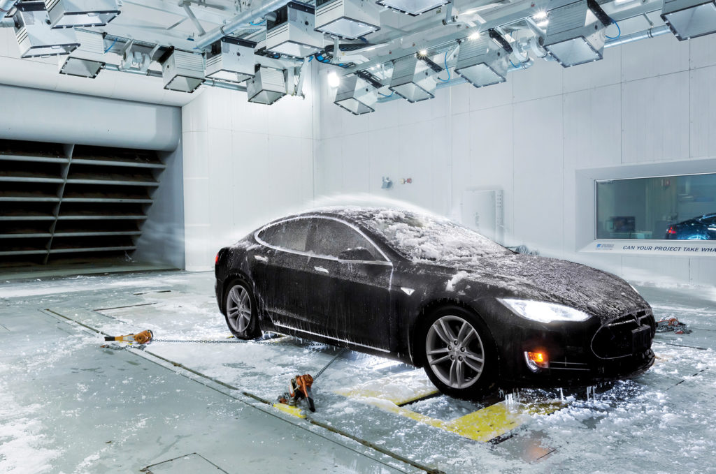 The Tesla covered in ice.
