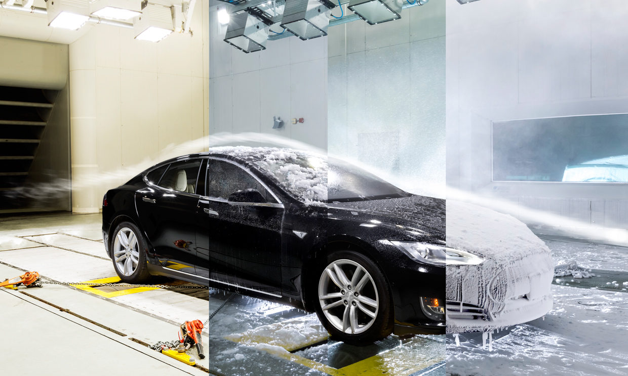 A composite image of a black Tesla car in the university's ACE climatic wind tunnel, being subjected to multiple environmental tests, from ice and snow, to rain, and extreme heat.