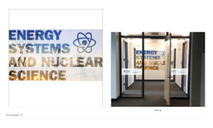 A mock-up of an option for a wall graphic to be installed at the entrance to the Dean's office in the Faculty of Nuclear Science.