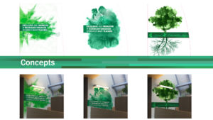 Mock-ups of three options for a proposed wall graphic for the entrance to the Science faculty offices.